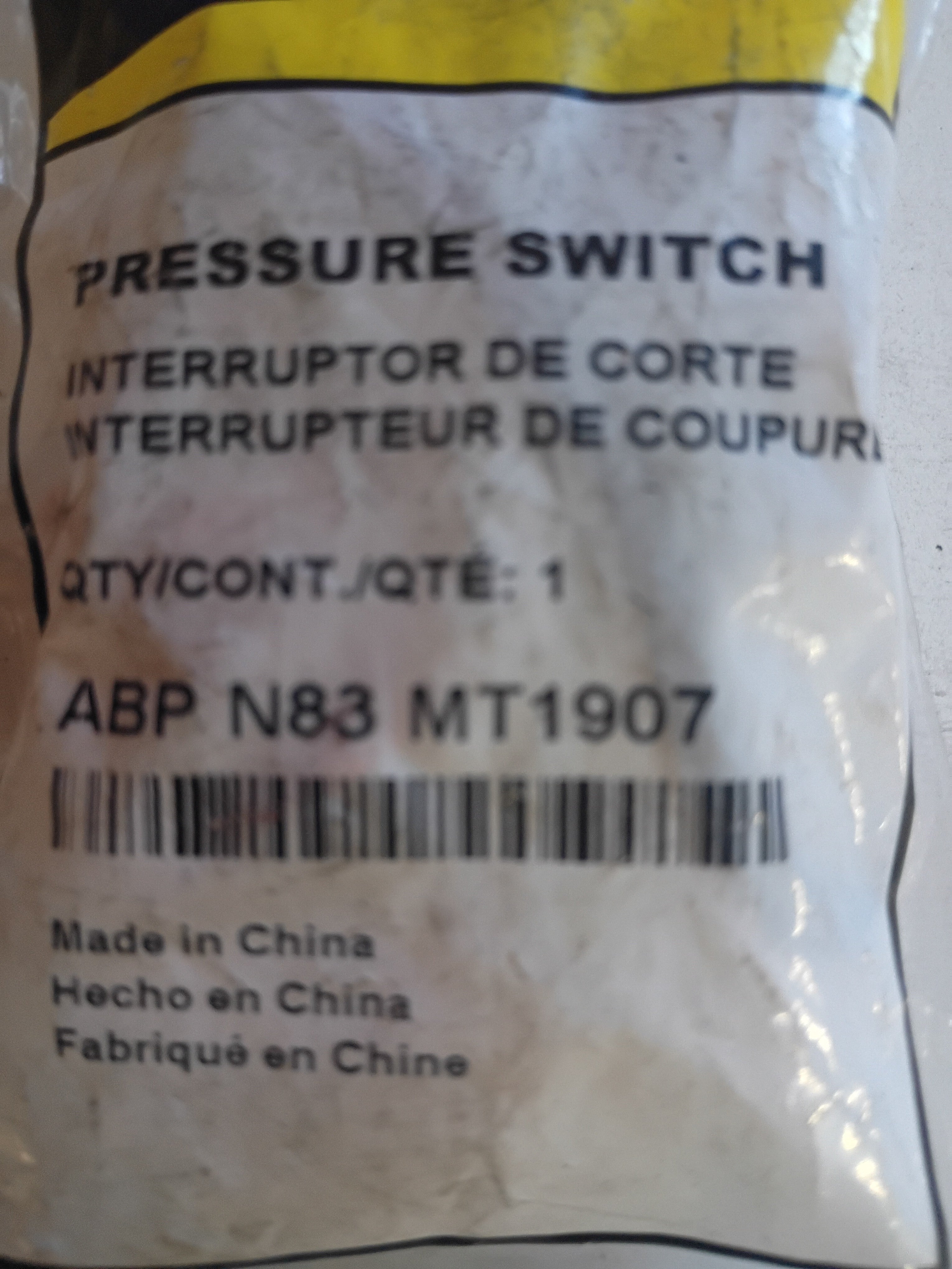 Alliance ABP-N83-MT1907 Hi Pressure Cut-Off Switch